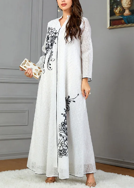 Flowing Long Sleeves Empire DressLoose White V Neck Print Cotton Dresses Long Sleeve