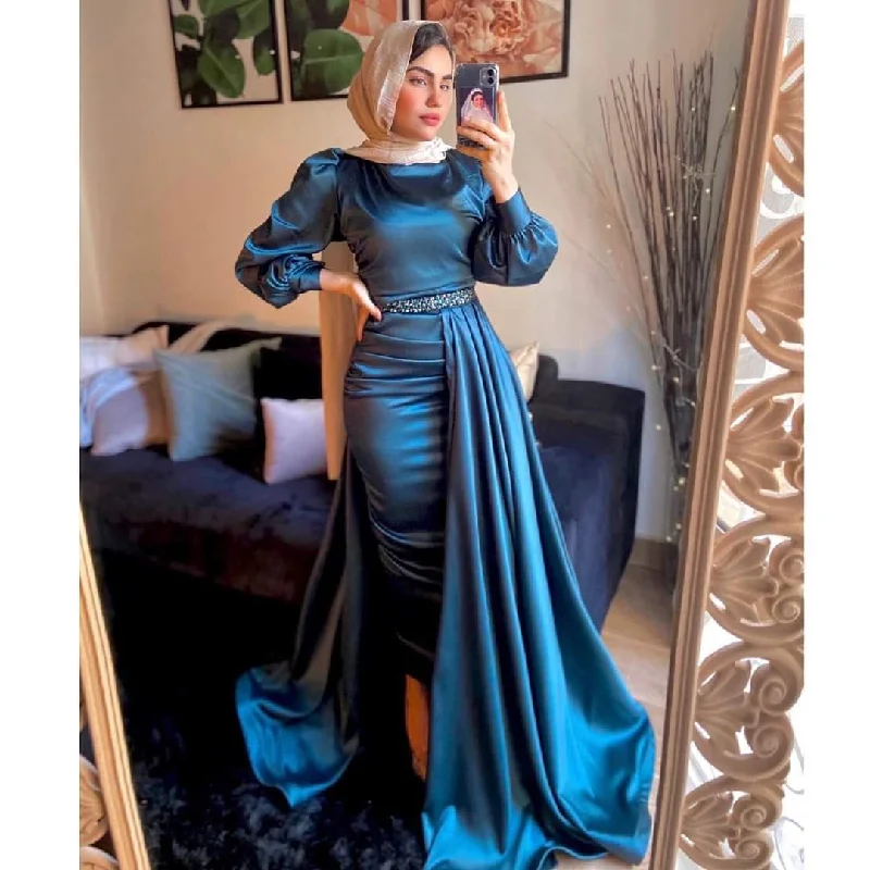 velvet party dressesArabic Evening Dress Muslim High Neck Waist Beaded Long Sleeves Y4937