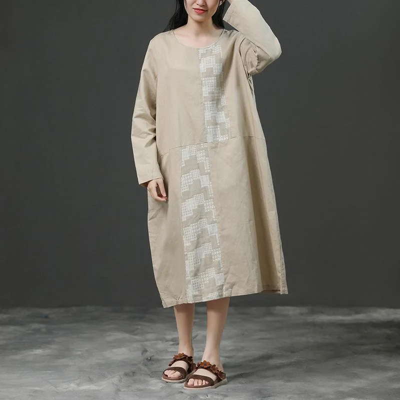 Fashionable Long Sleeves Cocktail DressModern linen cotton Robes 2024 Women Long Sleeve Loose Beige Autumn Dress