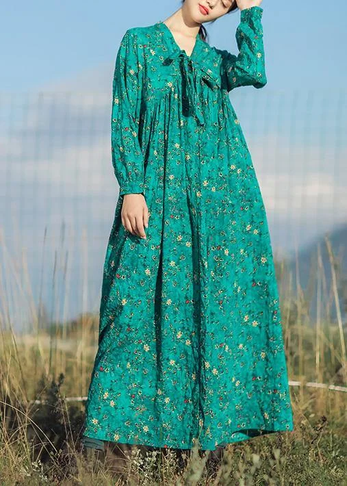 Fresh Floral Long Sleeves DressBeautiful v neck long sleeve linen clothes For Women Runway green print Dresses summer