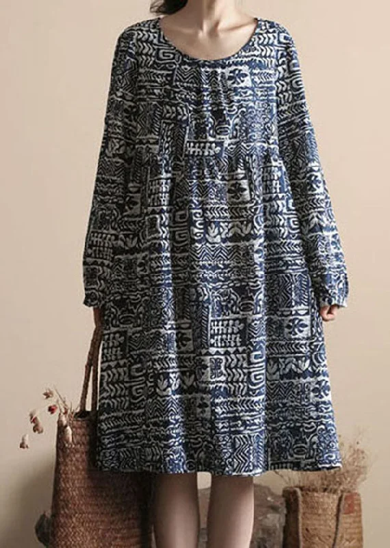 Full Coverage Long Sleeves DressBoho Blue O Neck Print Patchwork Linen Dress Long Sleeve