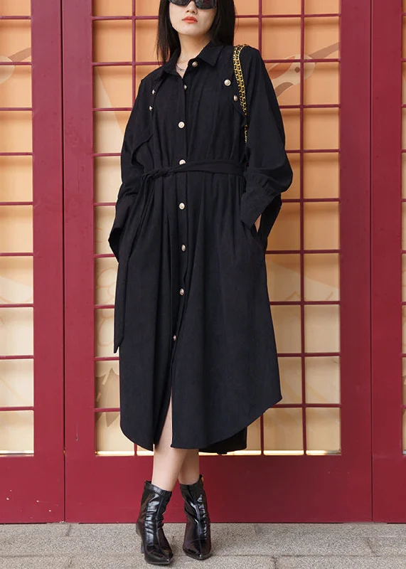 Funky Patterned Long Sleeves DressWomen Black Pockets Tie Waist Cotton Shirt Dress Long Sleeve