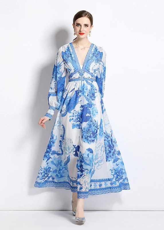 Formal Long Sleeves Bodycon Midi DressBoho Blue V Neck Print Patchwork Chiffon Vacation Dresses Long Sleeve