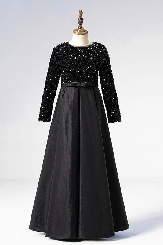 Full-Body Long Sleeves DressA Line Black Long Sleeves Beaded Flower Girl Dresses