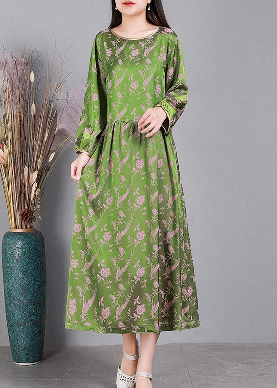 Fuzzy Long Sleeves Wrap DressJacquard Green O-Neck Silk Dress Long Sleeve