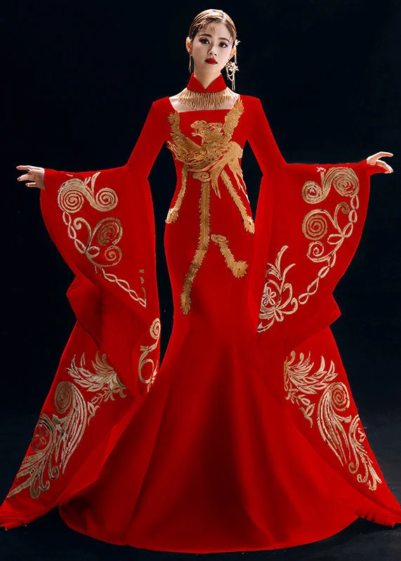 Formal Long Sleeves Evening DressChinese Style Red Embroidered Patchwork Silk Dresses Long Sleeve