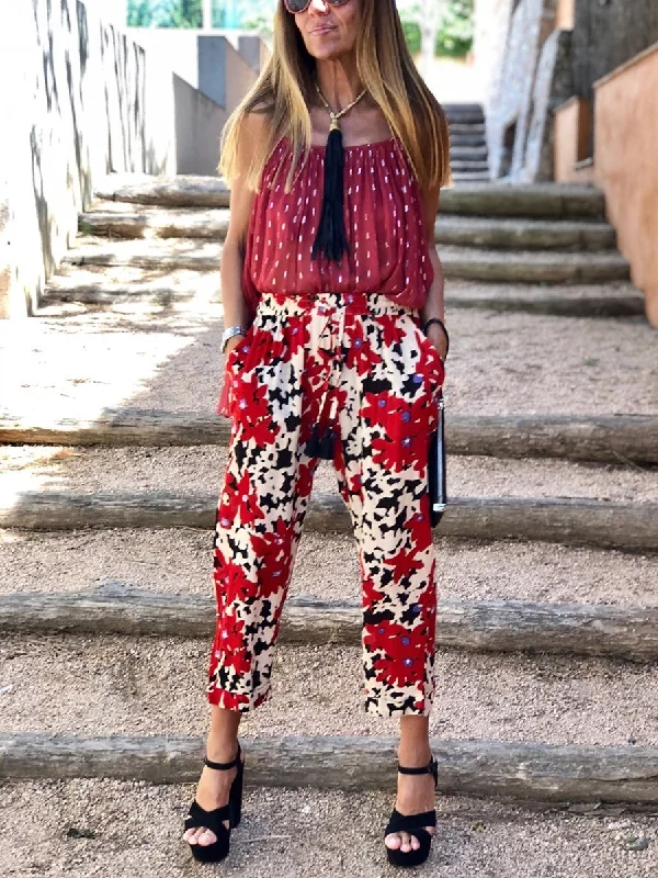 women's capri pantsBohemian Retro Casual Loose Sling Top Floral Pants Set