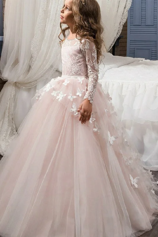 Flirty Fit Long Sleeves DressA Line Scoop Neck Pink Flower Girl Dresses with Long Sleeve Butterfly F049