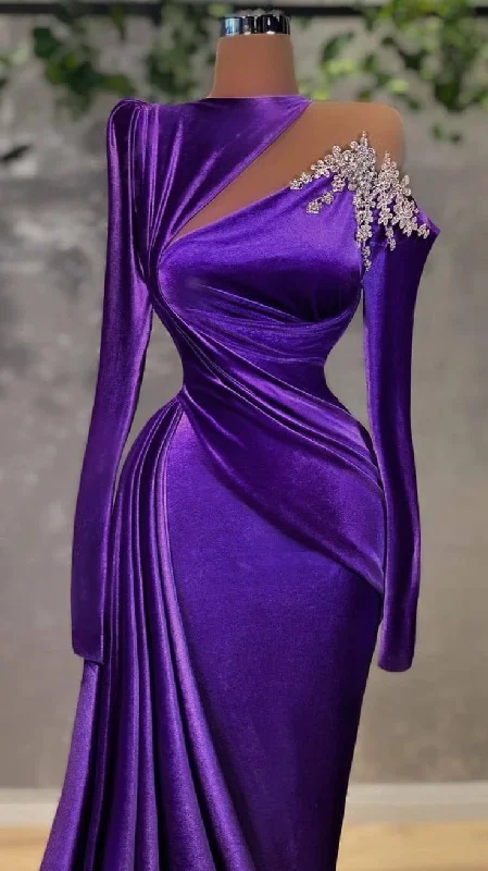 spaghetti-strap party dressesPurple Velvet Long Sleeve Evening Dress Arabic Style Cut Out Party Dress Women Dresses Y4933