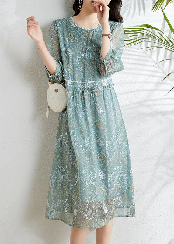 Feminine Long Sleeves DressChic Grey Blue Hollow Out Embroideried Silk Dress Long Sleeve