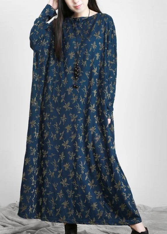 Fancy Lace Long Sleeves DressHandmade Blue Print Long Sleeve Fall Dress