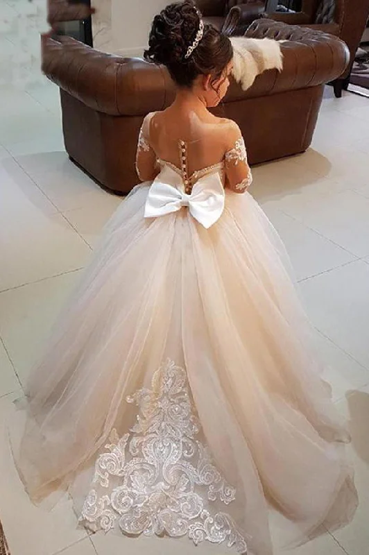 Flowing Chiffon Long Sleeves DressGorgeous Long Sleeveless Appliqued Tulle Long Flower Girl Dresses with Bow F038