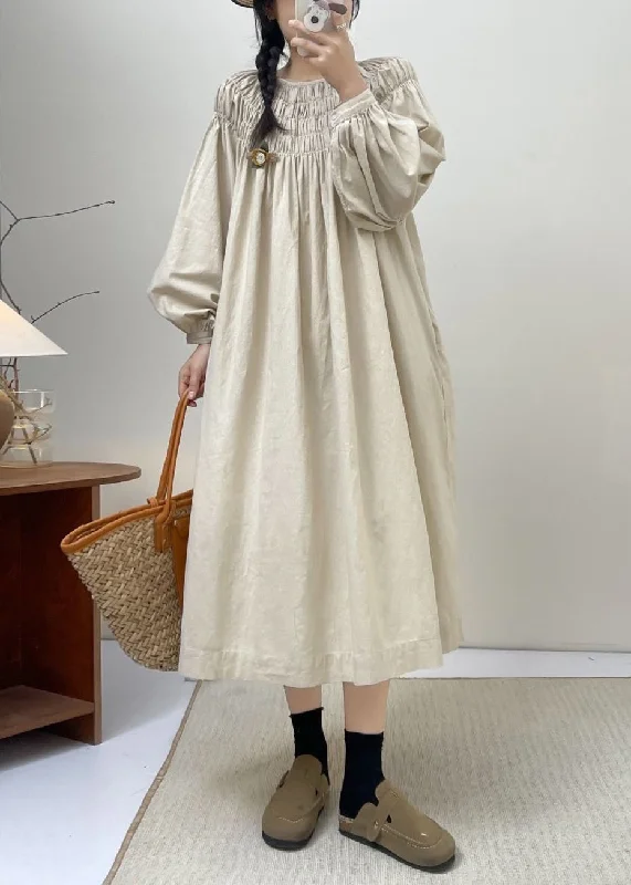 Flowery Long Sleeves DressBeige Solid Cotton Dresses Lace Up Long Sleeve