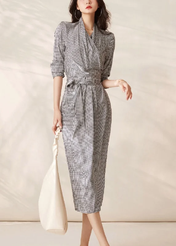 Fitted Long Sleeves High-Low DressSexy Grey V Neck Plaid Tie Waist Chiffon Dresses Long Sleeve