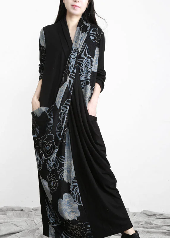 Flexible Stretch Long Sleeves DressBohemian Black Bule Asymmetrical Design Pockets Cotton Dress Long Sleeve