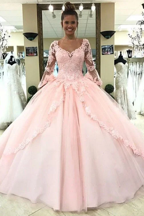 Fabulous Silk Long Sleeves DressGorgeous Pink Tulle Long Sleeves Lace Appliques Long Quinceanera Puffy Dresses