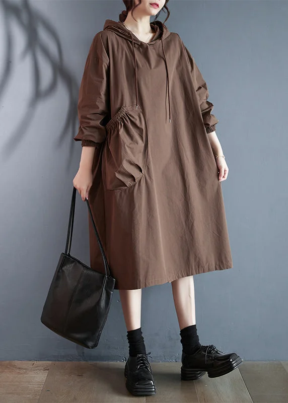 Flirty Long Sleeves Cold-Shoulder DressPlus Size Coffee Hooded Pockets Cotton Dress Long Sleeve