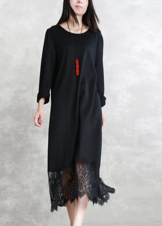 Fitted Formal Long Sleeves Dressbaggy black long wool blended dresses casual O neck patchwork traveling dress Elegant long sleeve lace autumn dress