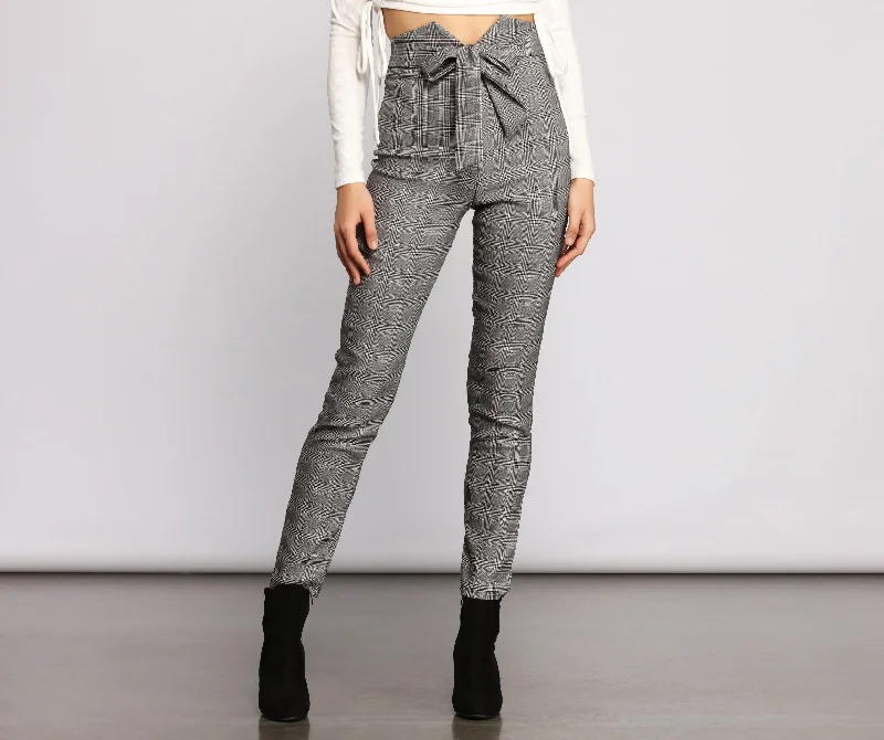 women's silk pantsTied To Style Plaid Skinny Pants