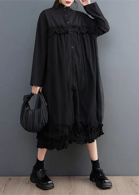 Fancy Long Sleeves Ball GownBlack Tulle Button Patchwork Shirts Dress Stand Collar Long Sleeve