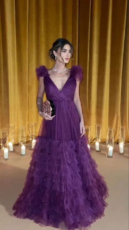 flowy party dressesElegant Purple A-line V Neck Tulle Evening Dress Y5633