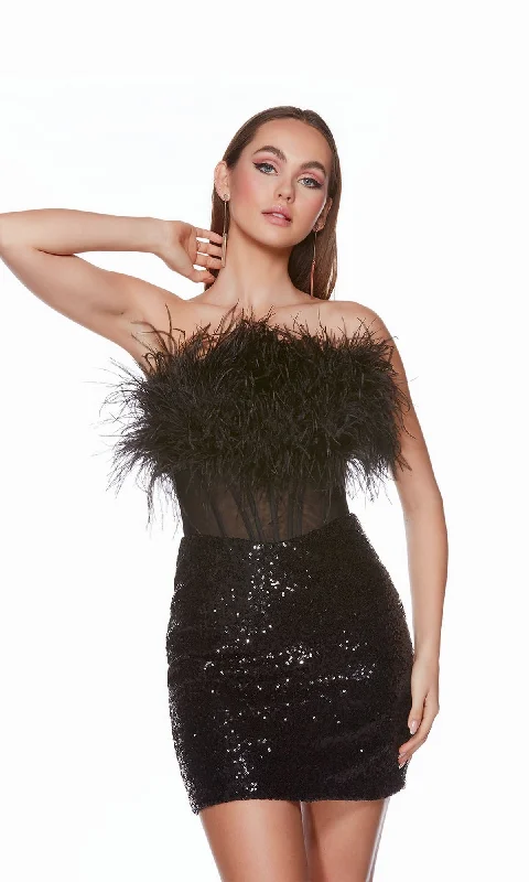 stretchy party dressesSheer-Waist Feather Sequin Short Party Dress 4799