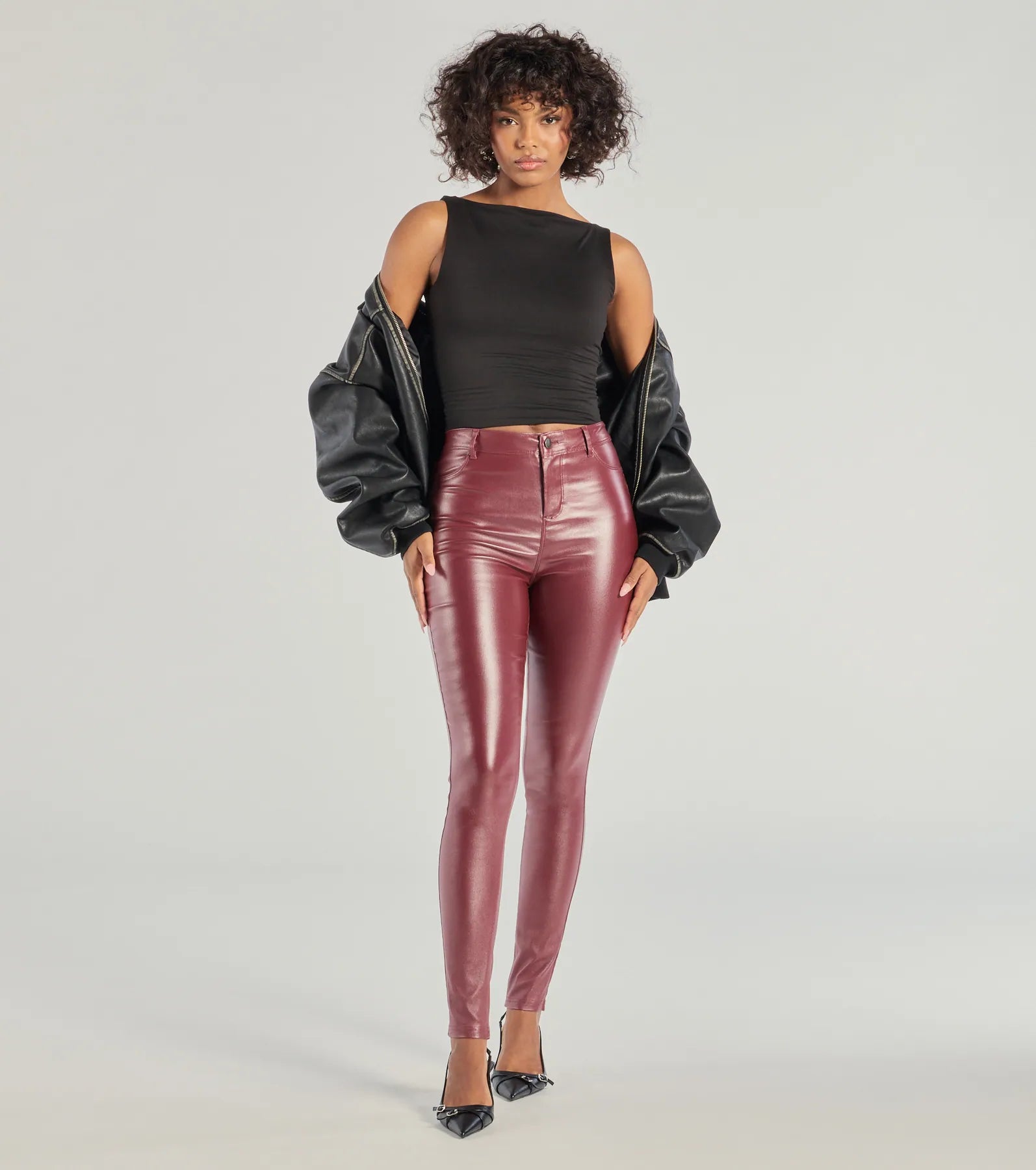 women's wide-leg pantsGlossy Glam Coated Faux Leather Skinny Pants