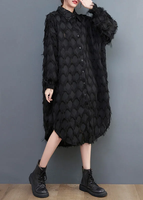 Fabulous Silk Long Sleeves DressBlack Peter Pan Collar Button Long Shirts Dresses Long Sleeve