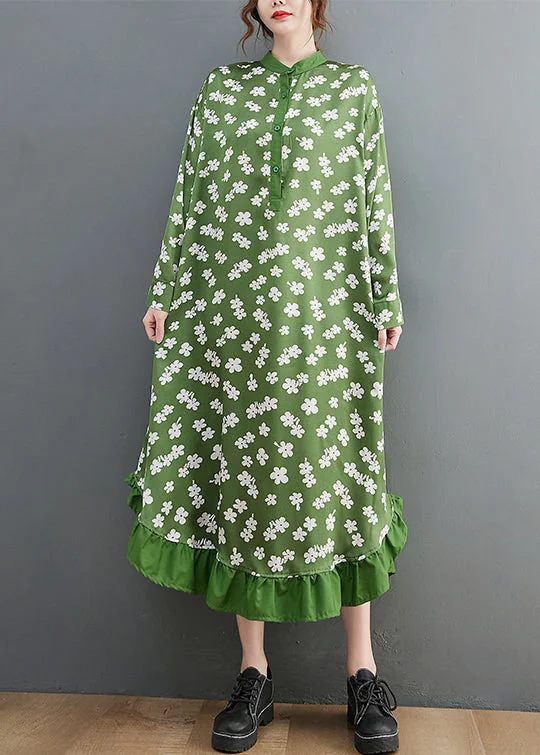 Funky Long Sleeves Maxi DressFrench Green Stand Collar button print Shirt Dress Long Sleeve