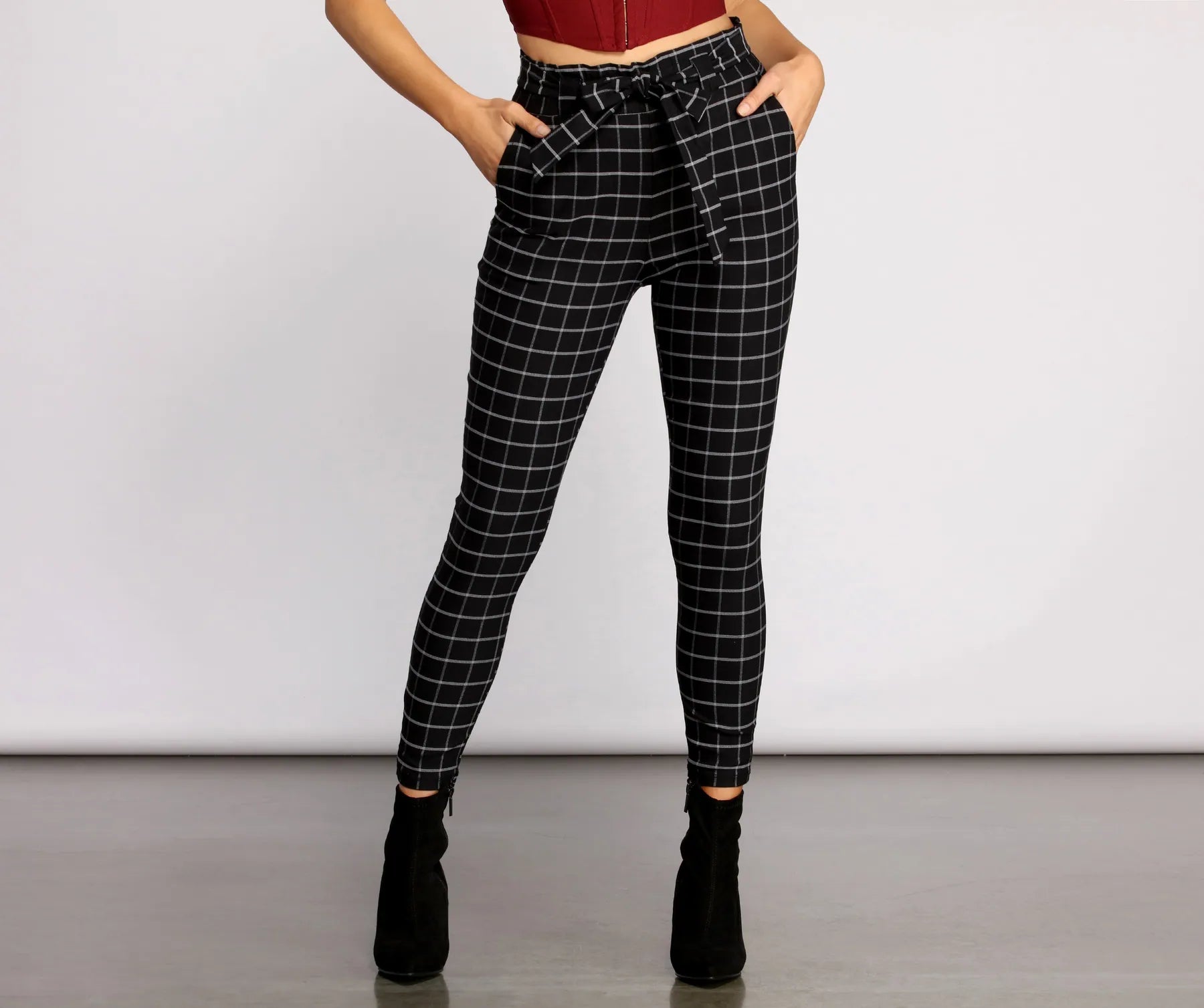 women's velvet pantsHigh Waist Paperbag Window Pane Pants