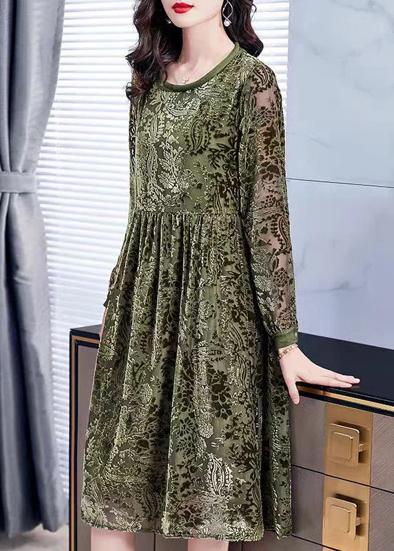 Fun Long Sleeves DressJacquard Army Green O-Neck Lace Up Silk Velour Dress Long Sleeve