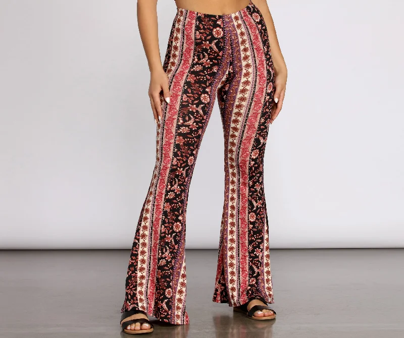 women's checkered pantsBoho Flair Floral Stripe Flare Pants