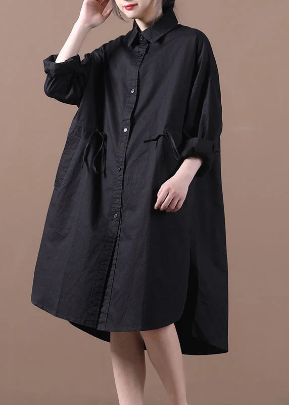 Flowing Long Sleeves Empire DressBlack Pockets Cotton Loose Shirt Dresses Solid Color Drawstring Long Sleeve