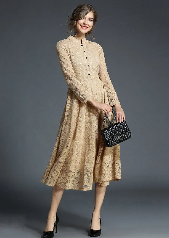 Fabulous Long Sleeves Tiered DressFashion Khaki Stand Collar Hollow Out Embroideried Lace Dresses Long Sleeve