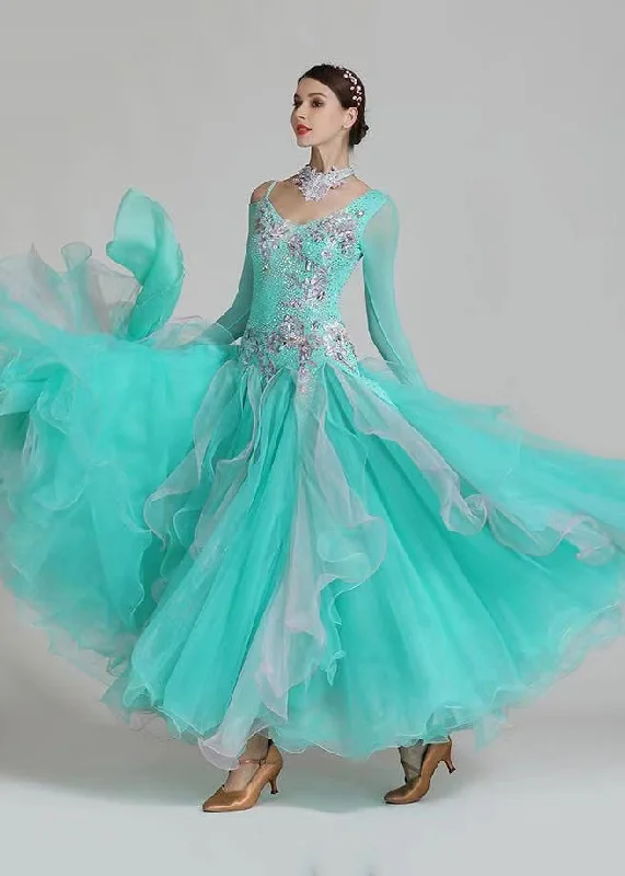 Flirty Fit Long Sleeves DressNew Slim Aqua Zircon Ruffled Patchwork Dance Dress Long Sleeve