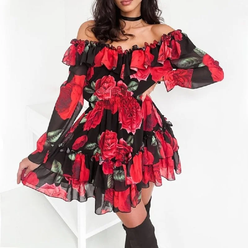 Full Length Long Sleeves DressOff Shoulder Ruffles Flower Long Sleeve Elegant Chiffon Dress