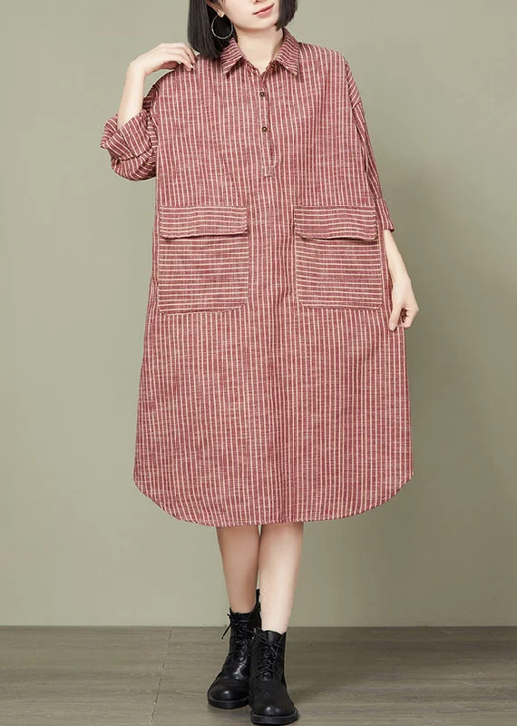 Fitted Long Sleeves High-Low DressLoose Red Striped Pockets Cotton Shirts Dress Long Sleeve