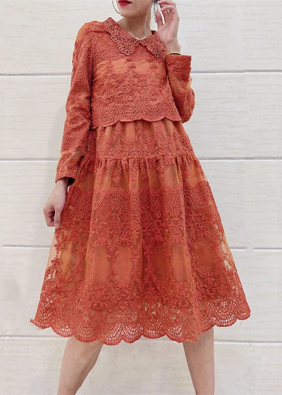 Flowery Long Sleeves Peplum DressItalian Orange Peter Pan Collar Embroideried Patchwork Tulle Dresses Long Sleeve