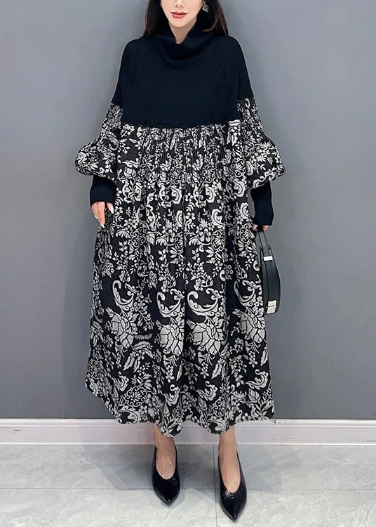 Formal Elegant Long Sleeves DressFrench Black Print Pockets Knit Patchwork Dress Long Sleeve