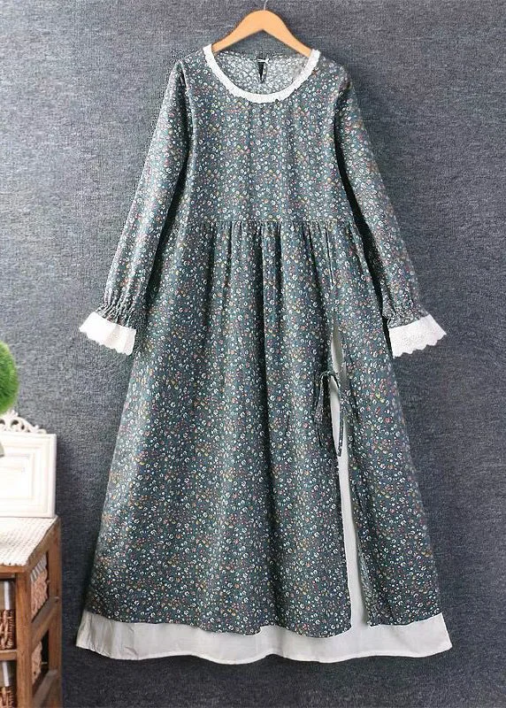 Flowery Print Long Sleeves DressFrench Blue Print Side Open Lace Up Cotton Dress Long Sleeve