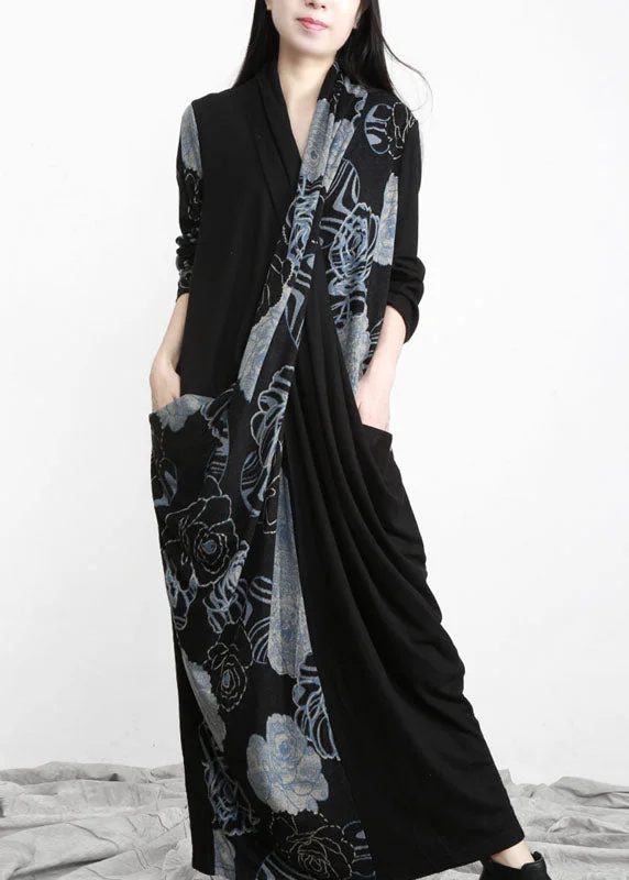 Flexible Long Sleeves DressUnique Black Blue Asymmetrical Print Patchwork Cotton Dress Long Sleeve