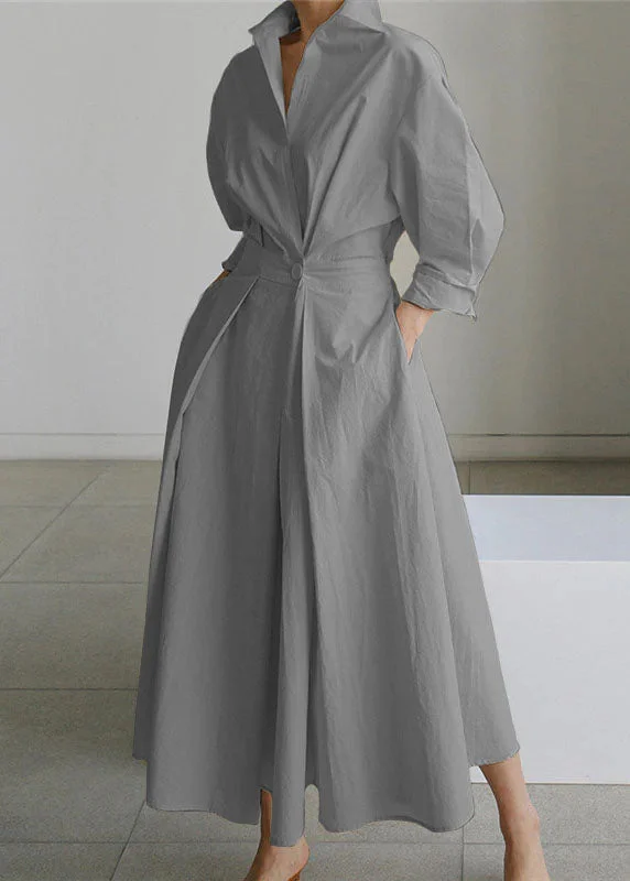 Formal Bridal Long Sleeves Dress2023 Grey Peter Pan Collar Pockets Cotton Dress Long Sleeve