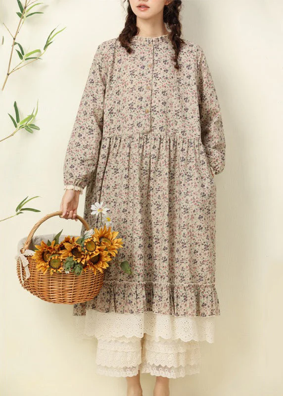 Flexible Long Sleeves DressApricot Pockets Patchwork Cotton Dress O Neck Long Sleeve