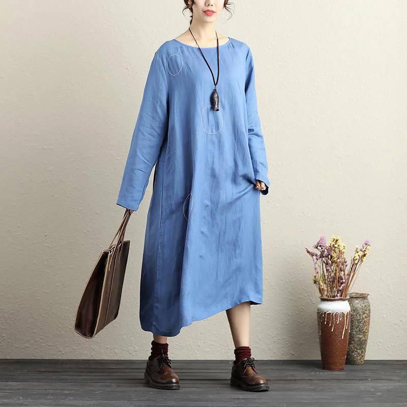 Fabulous Lace Long Sleeves DressFrench cotton dresses Fitted Round Neck Long Sleeve Cotton Linen Blue Women Dress