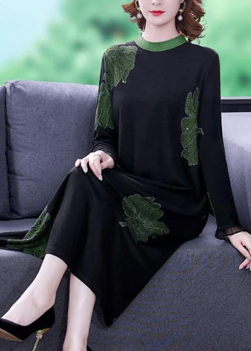 Fuzzy Long Sleeves Velvet DressNew Black O Neck Print Pockets Knitting Cotton Dresses Long Sleeve