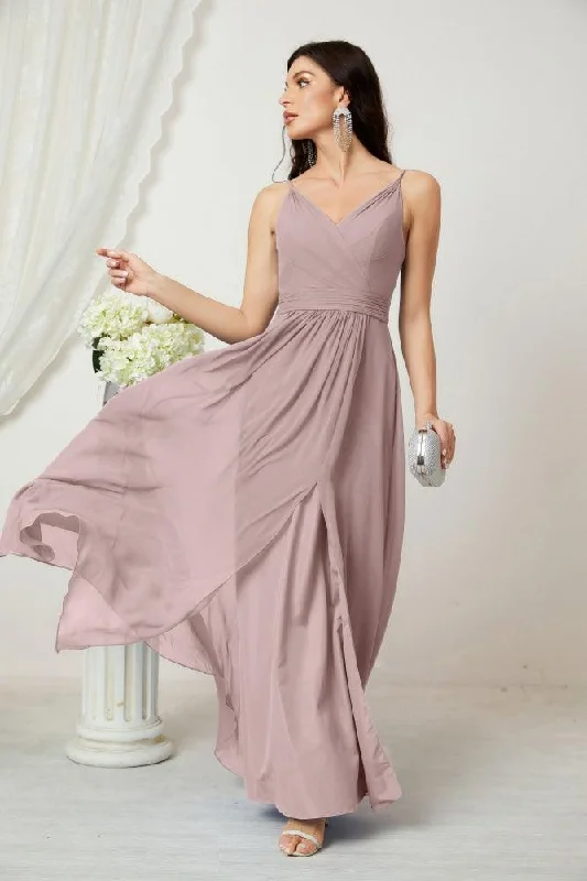 body-skimming party dressesNumbersea Chiffon V-Neck Bridesmaid Dress Spaghetti Strap Long Formal Party Prom Gowns with Slit 28010