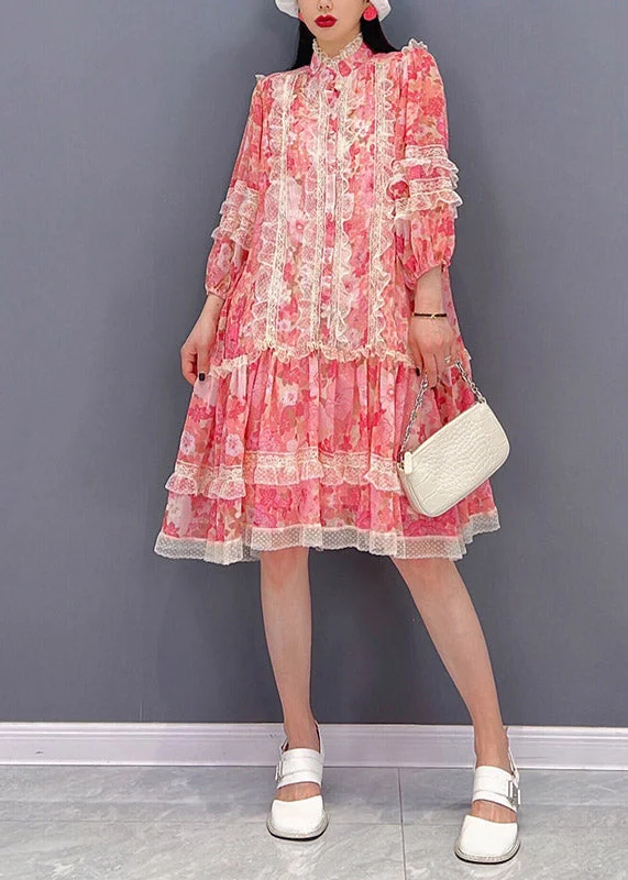 Flexible Long Sleeves Bridesmaid DressVogue Red Stand Collar Print Patchwork Lace Ruffled Chiffon Dress Long sleeve