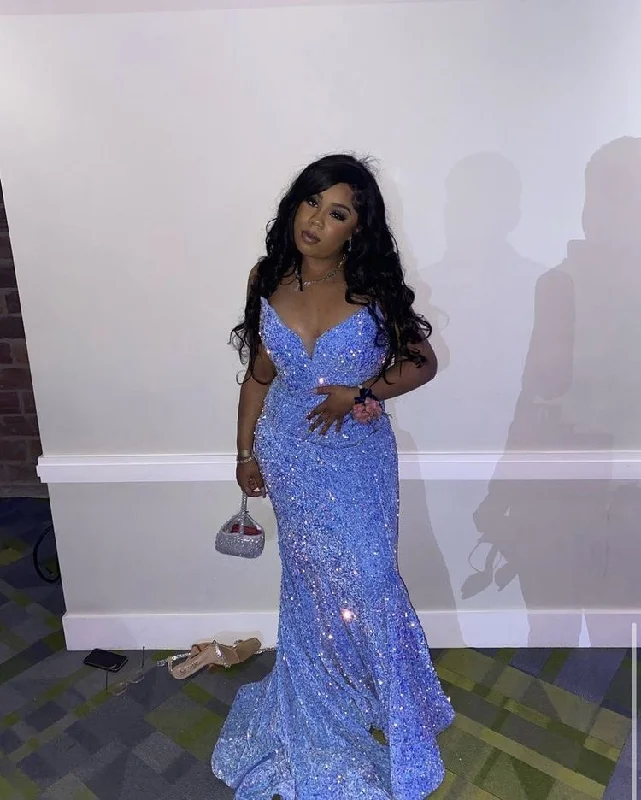 ball gown party dressesGlitter Blue Sequins Mermaid Evening Dress For Black Girls Y5115