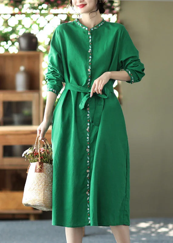 Flowing Chiffon Long Sleeves DressLoose Green Sashes Pockets Linen Holiday Dress Long Sleeve