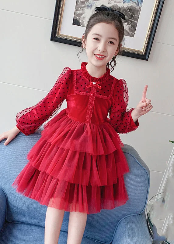 Formal Long Sleeves Lace-Up DressElegant Red Dot Print Tulle Kids Long Princess Dress Long Sleeve